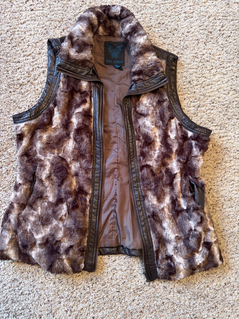 Brown women’s Faux Fur Vest with Leather Trim and Back